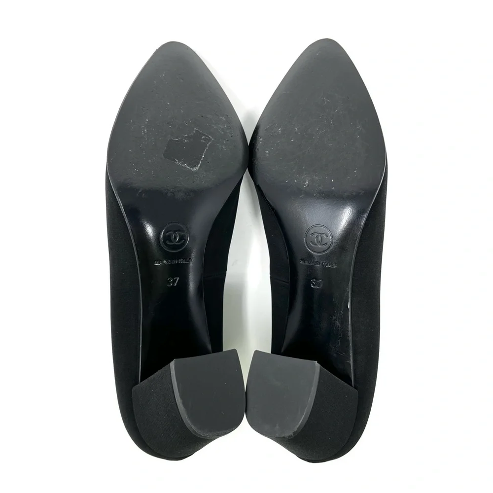 Chanel Black Satin Silver CC Logo Mary Jane Janes High Heels Pumps 37 6 6.5